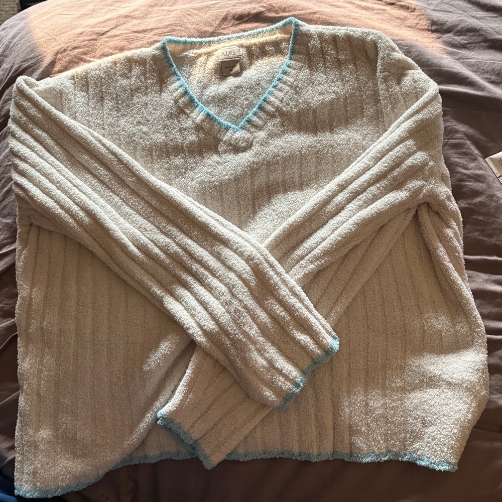ALPS Ivory Chenille Ribbed V Neck Sweater Blue Trim Women’s XL